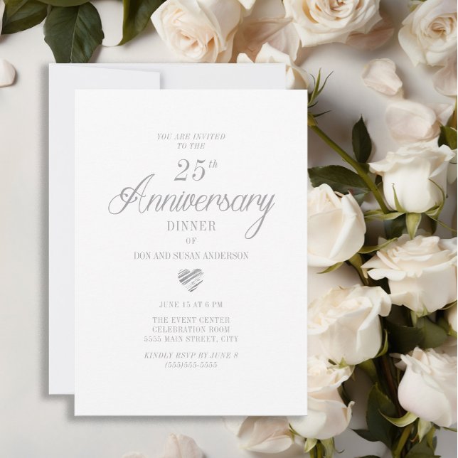Convite Elegante Coração de Prata Branco 25º Aniversário (Elegant white 25th wedding anniversary invitation)