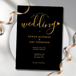 Convite Elegante Coração em Dourado e Preto para Casamento