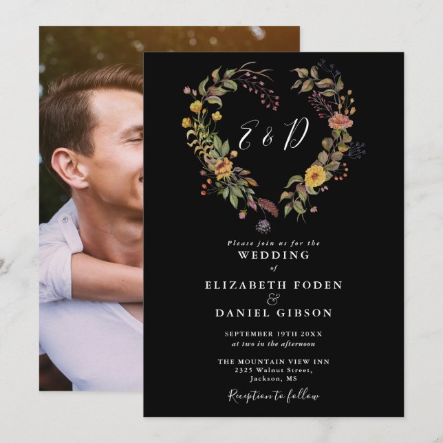Convite Elegante Coração Floral Rústico Foto Casamento (Frente/Verso)