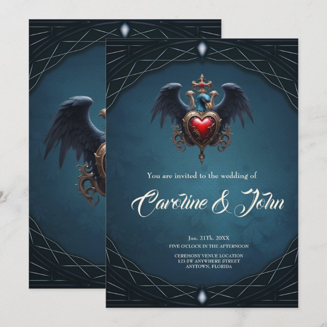Convite Elegante coração gótico com pássaro fantasma. (Frente/Verso)