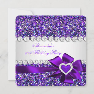 Convite Elegante Coração Roxo com Lantejoulas e Laço Festa