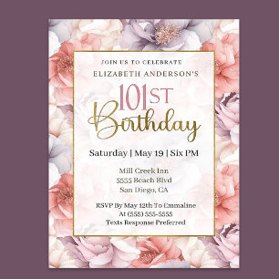 Convite Elegante Coral e Peônia Lavanda 101º Aniversário