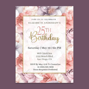 Convite Elegante Coral e Peônia Lavanda Aniversário de 25 