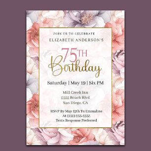 Convite Elegante Coral e Peônia Lavanda para 75º Aniversár