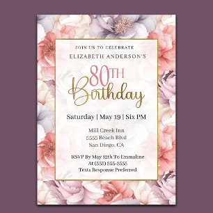 Convite Elegante Coral e Peônia Lavanda para 80º Aniversár