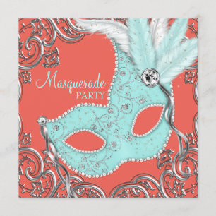 Convite Elegante Coral e Teal Blue Mascarada