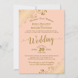 Convite Elegante Coral Peach e Dourado Casamento Livestrea