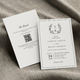 Convite Elegante Coroa Botânica com Monograma e Código QR 