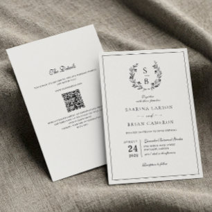 Convite Elegante Coroa Botânica com Monograma e Código QR