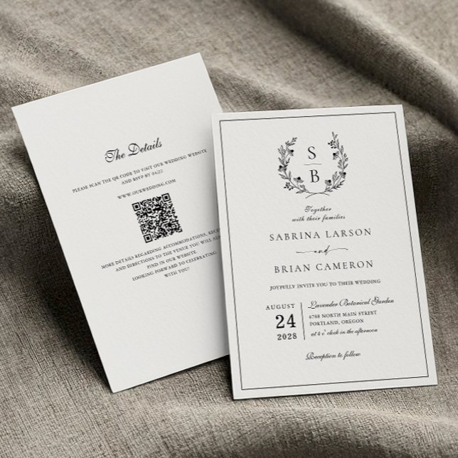 Convite Elegante Coroa Botânica com Monograma e Código QR  (Criador carregado)