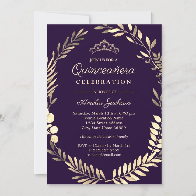 Convite Elegante Coroa de Aquarela Roxa e Dourada Quincean (Frente)