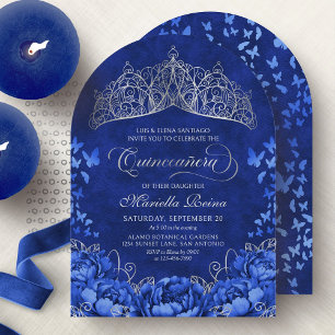 Convite Elegante Coroa de Borboletas Azul Real Quinceanera