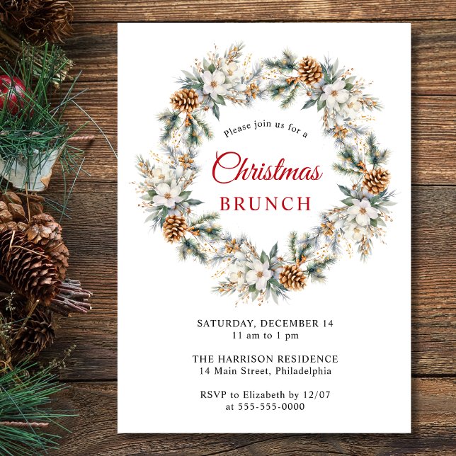 Convite Elegante Coroa de Inverno Aquarela Natal Brunch (Criador carregado)