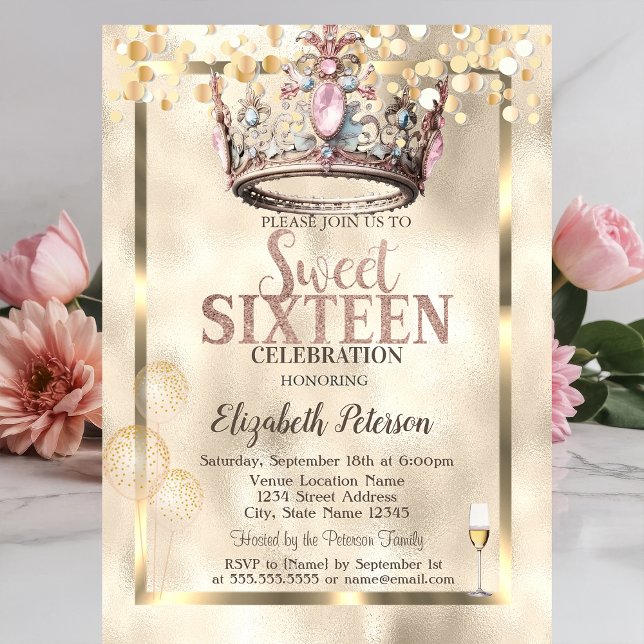 Convite Elegante Coroa de Princesa Balões Quadro Doce 16  (Criador carregado)