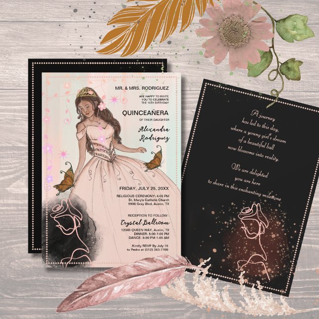 Convite Elegante coroa de princesa rosa com brilho (Elegant Rose & Butterfly Pink Black Quinceañera Invitation)