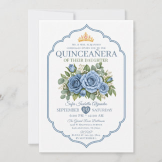 Convite Elegante Coroa Floral Azul Empoeirada Rose Quincea
