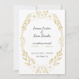 Convite Elegante Coroa Floral com Brilho Dourado Casamento