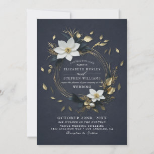 Convite Elegante Coroa Floral Preta Branca e Dourada Casam