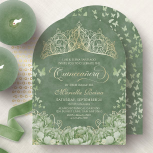 Convite Elegante Coroa Floral Verde Sálvia Quinceanera