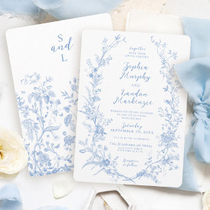 Convite Elegante Coroa Floral Vintage Azul e Branco Casame