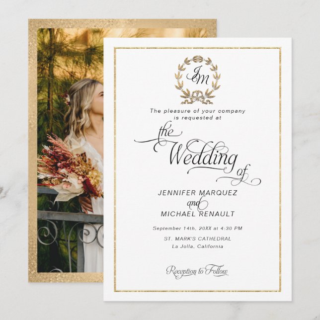 Convite Elegante Coroa Monograma Foto Casamento Script Dou (Frente/Verso)