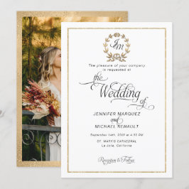Convite Elegante Coroa Monograma Foto Casamento Script Dou