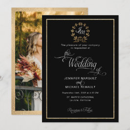Convite Elegante Coroa Monograma Preto e Dourado Foto Casa