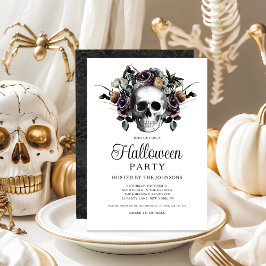 Convite Elegante Crânio Floral Gótico Preto Halloween