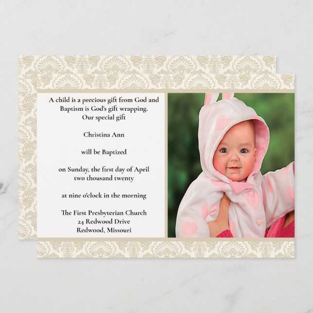 Convite Elegante Cream Damask Design Baptism (Frente/Verso)