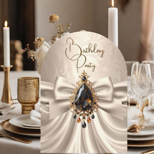 Convite Elegante Creme Bege Dourado Joia Arco de Aniversár