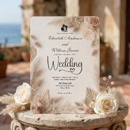 Convite Elegante Creme Boho Rosa Rústico Casamento