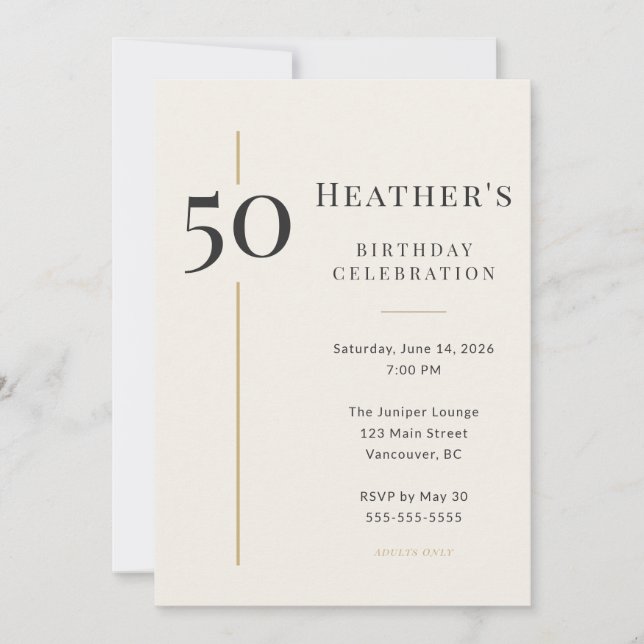 Convite Elegante Creme e Dourado Aniversário de 50 anos (Frente)