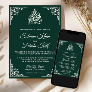 Convite Elegante Creme Esmeralda Verde Casamento Islâmico