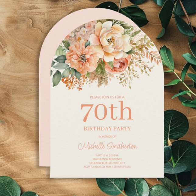 Convite Elegante Creme Floral 70 Arco de Aniversário (Peach and cream-colored watercolor floral arch-shaped 70th birthday party invitation)