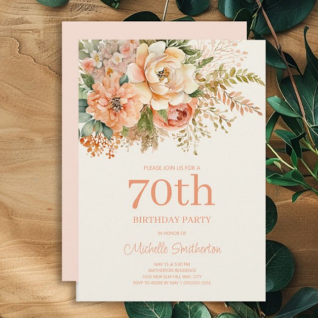 Convite Elegante Creme Floral 70 Birthday (Peach and cream watercolor floral 70th birthday party invitation)