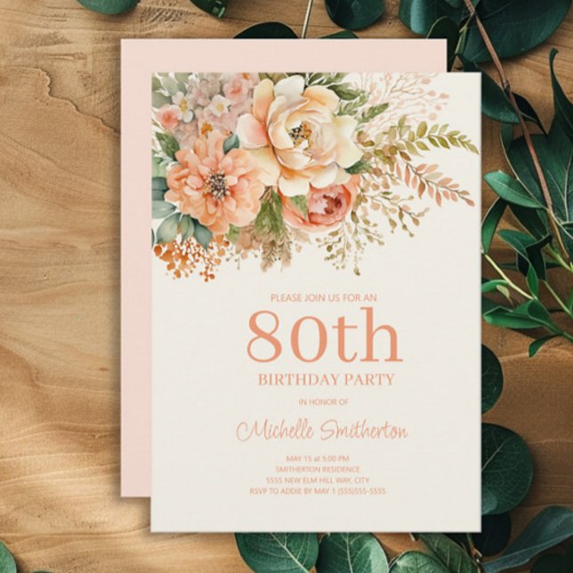 Convite Elegante Creme Floral 80 Birthday (Peach and cream floral 80th birthday party invitation)