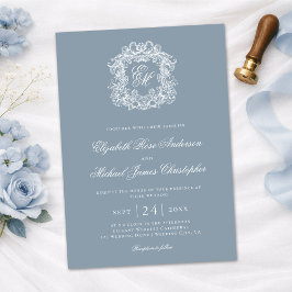 Convite Elegante Crista de Casamento Monograma Azul Empoei