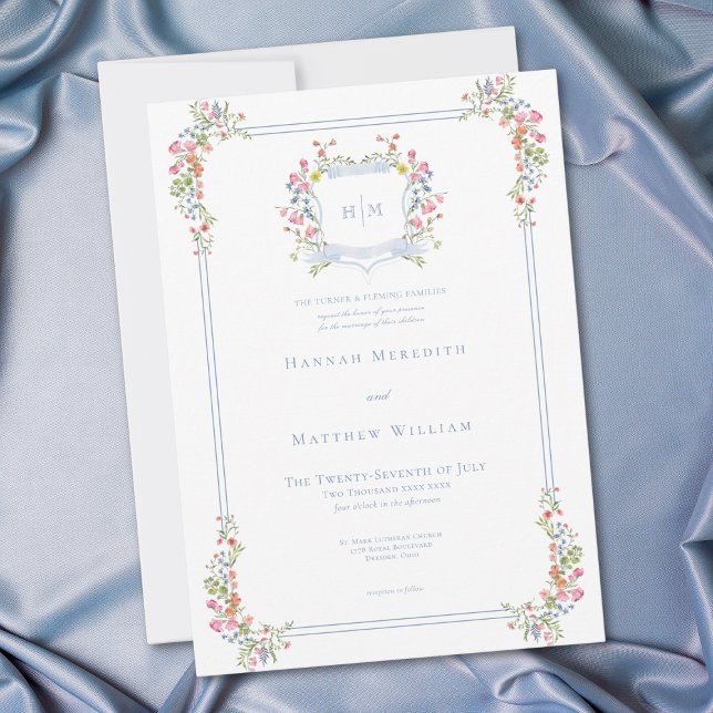 Convite Elegante Crista de Flor Silvestre Pastel Azul Poei (Elegant Dusty Blue Pastel Wildflower Crest Wedding Invitation)