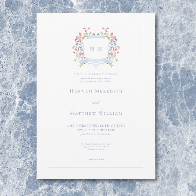 Convite Elegante Crista de Flor Silvestre Pastel Azul Poei (Elegant Dusty Blue Pastel Wildflower Crest Wedding Invitation)