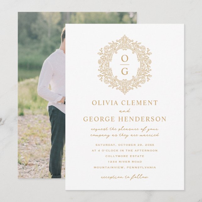 Convite Elegante Crista de Herança em Ouro Casamento (Frente/Verso)