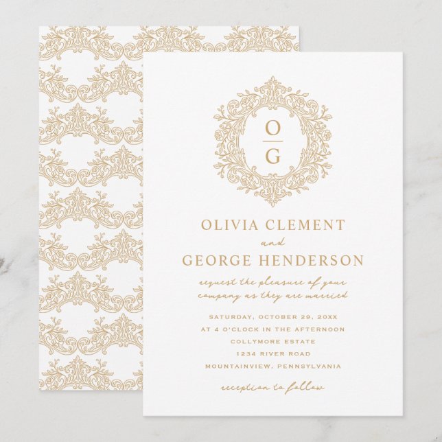 Convite Elegante Crista de Herança em Ouro Casamento (Frente/Verso)