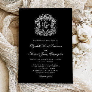 Convite Elegante Crista de Monograma Casamento Preto