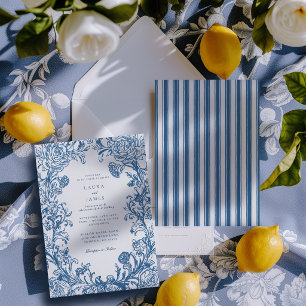 Convite Elegante Crista Floral Azul com Costa Listrada Cas