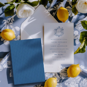 Convite Elegante Crista Floral Azul com Costa Listrada Cas