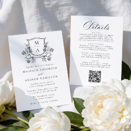 Convite Elegante Crista Floral Monograma Tudo em Um Casame