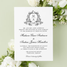 Elegante Crista Floral Preta Monograma Casamento
