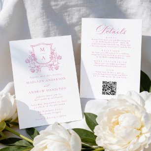 Convite Elegante Crista Floral Rosa Tudo em Um Casamento