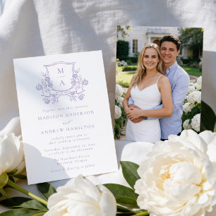 Convite Elegante Crista Floral Roxa Monograma Foto Casamen