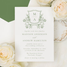 Elegante Crista Floral Verde Monograma Casamento