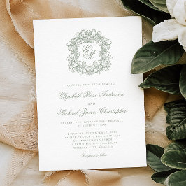 Convite Elegante Crista Monograma Verde Sage Casamento